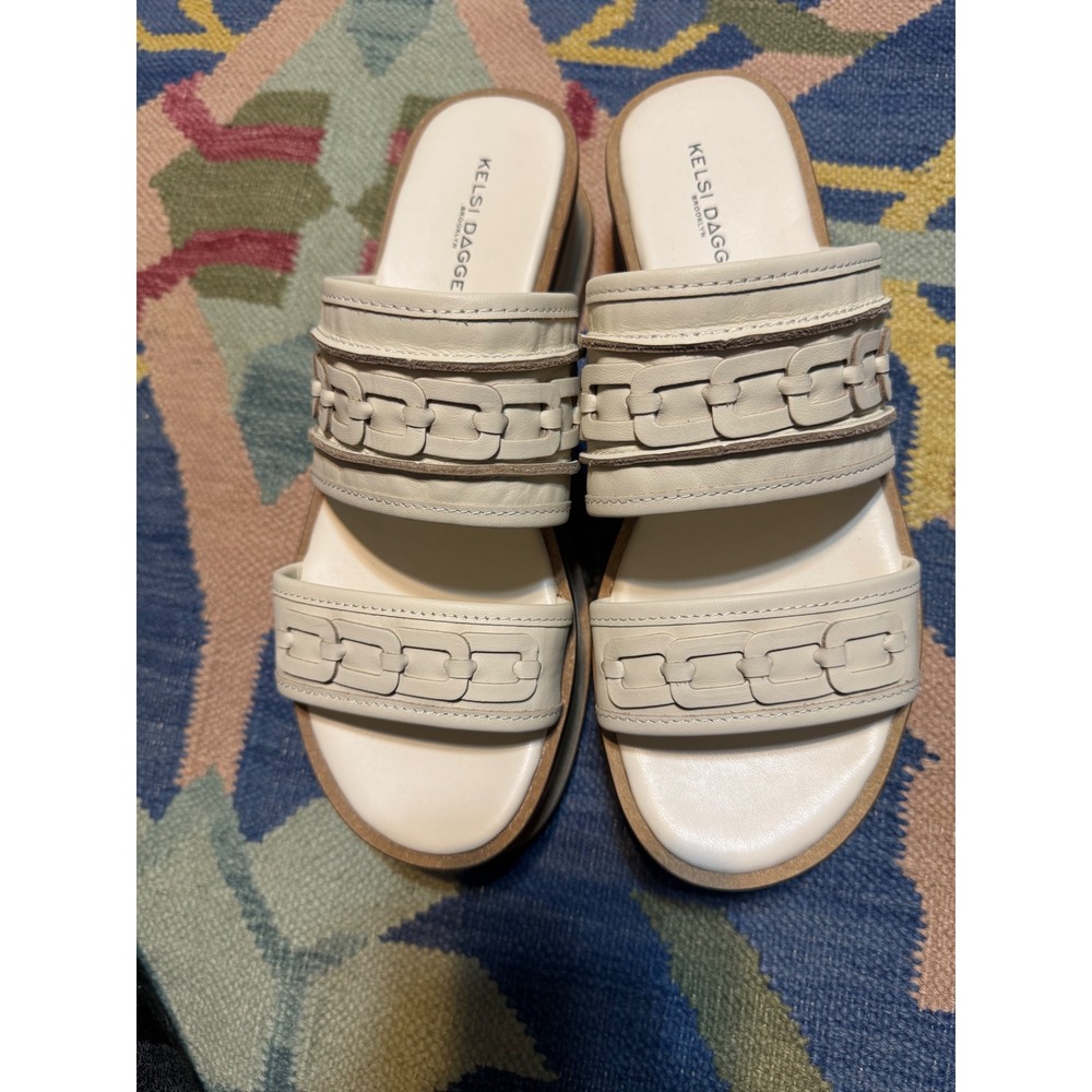 Kelsi Dagger Brooklyn Cream Leather Chain Platform Slide Sandals Womens 8.5